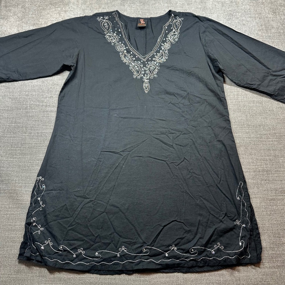 Priya Tunic Women One Size Black Embroidered Sequin V-Neck Cotton‎ Boho